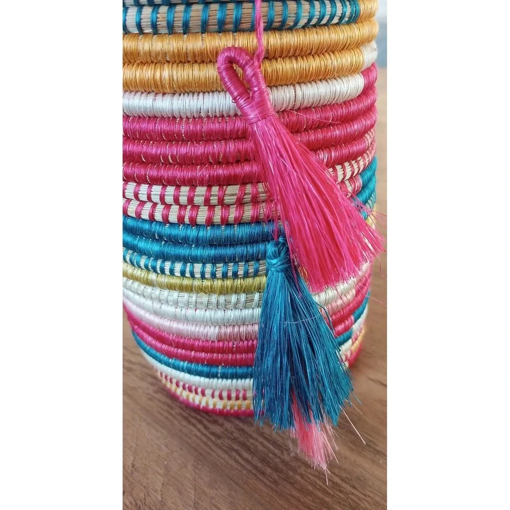 Handcrafted Sisal Coil Wine/Champagne Holder W/Tassels Made In Rwanda